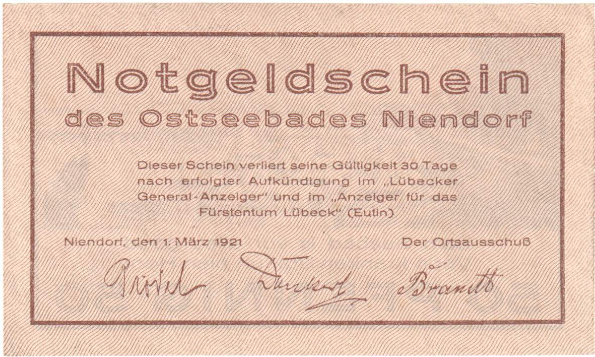 Geldschein, Deutschland, Niendorf, 50 Pfennig, paysage, 1921, 1921-03-01, VZ+
