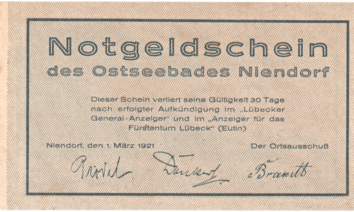 Nota, Alemanha, Niendorf, 25 Pfennig, paysage, 1921, 1921-03-01, UNC(60-62)