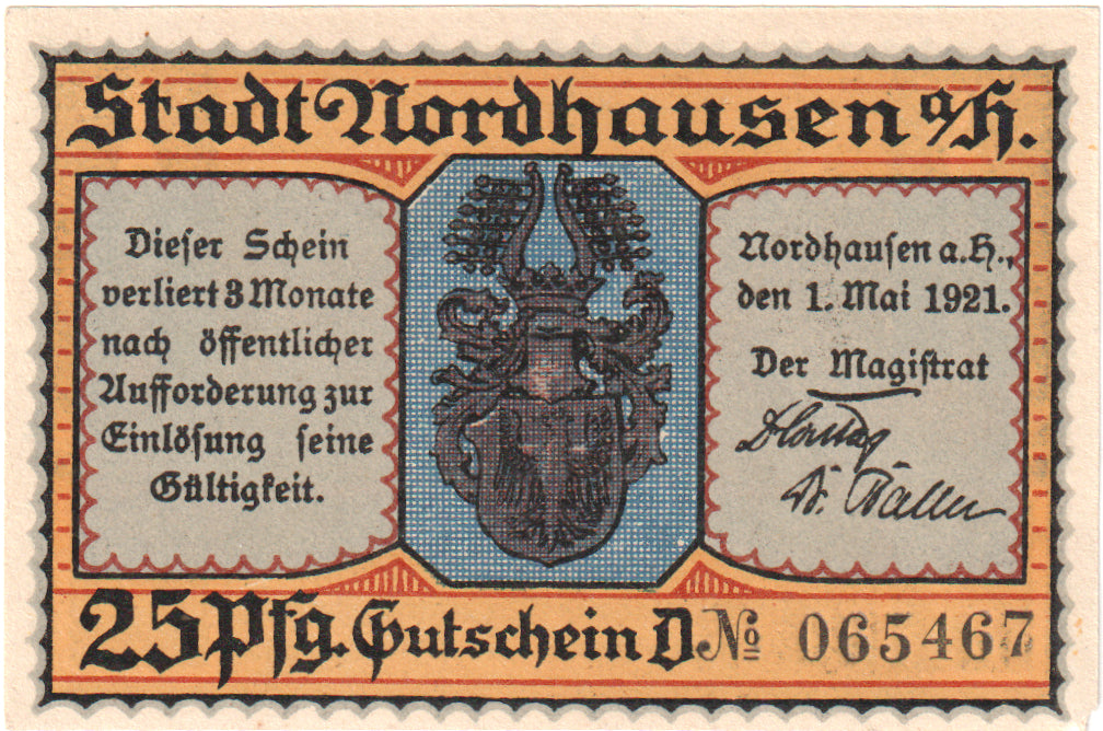 Nota, Alemanha, Nordhausen Stadt, 25 Pfennig, personnage, 1921, 1921-05-01
