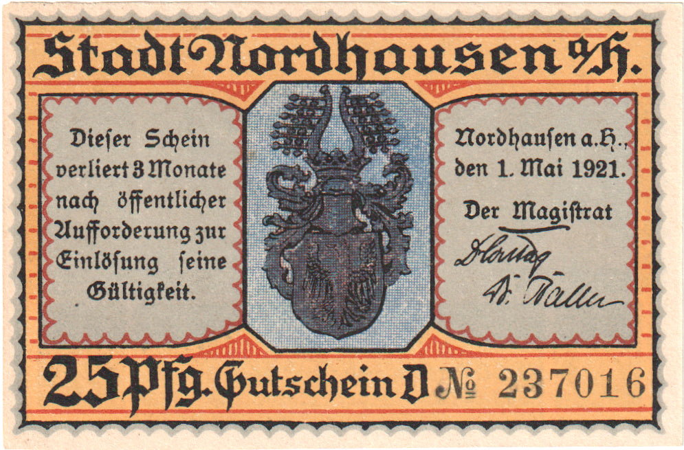 Nota, Alemanha, Nordhausen Stadt, 25 Pfennig, personnage 1, 1921, 1921-05-01