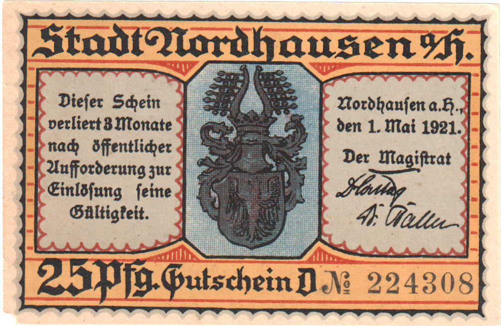 Nota, Alemanha, Nordhausen Stadt, 25 Pfennig, personnage 2, 1921, 1921-05-01