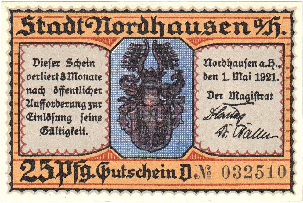 Nota, Alemanha, Nordhausen Stadt, 25 Pfennig, personnage 3, 1921, 1921-05-01