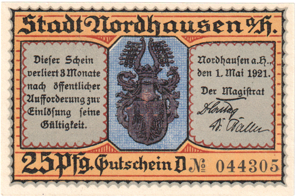 Nota, Alemanha, Nordhausen Stadt, 25 Pfennig, personnage 4, 1921, 1921-05-01