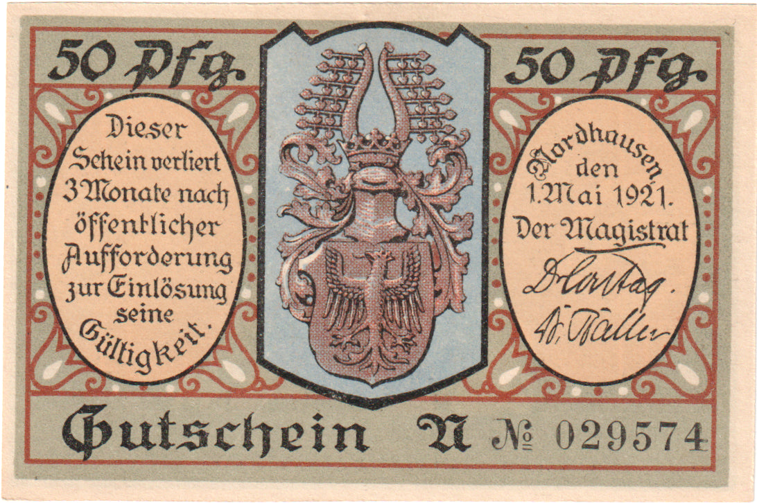 Nota, Alemanha, Nordhausen Stadt, 50 Pfennig, personnage, 1921, 1921-05-01