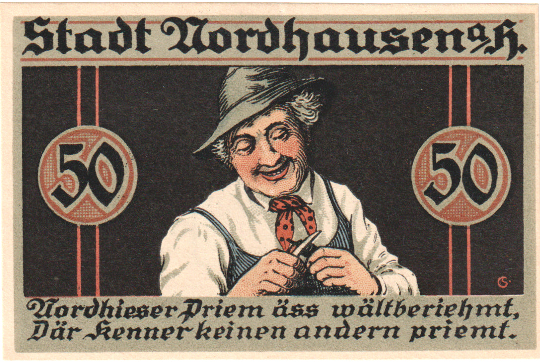 Nota, Alemanha, Nordhausen Stadt, 50 Pfennig, personnage, 1921, 1921-05-01