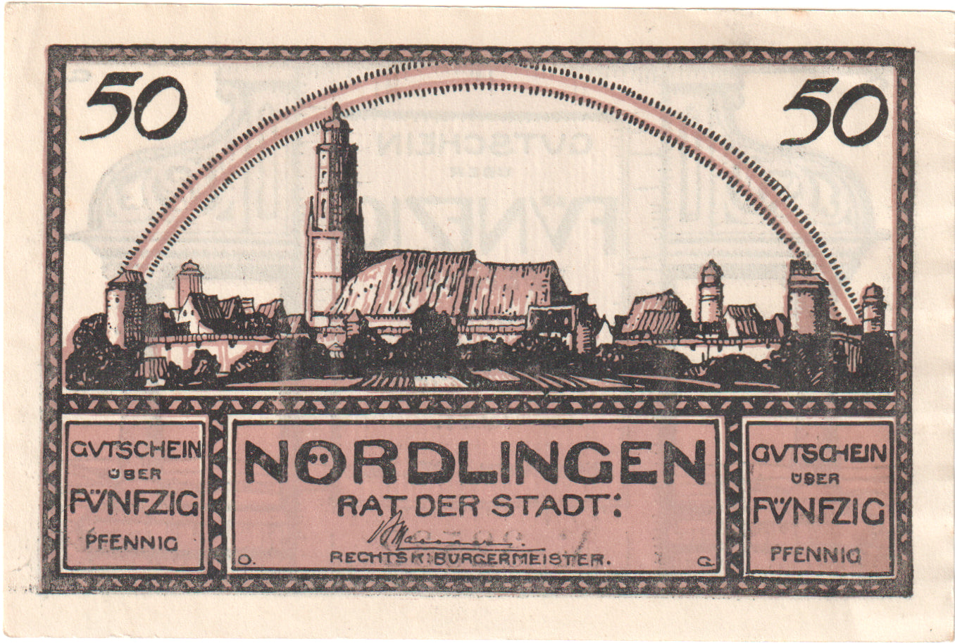 Nota, Alemanha, Nordlingen, 50 Pfennig, village, 1918, 1918-10-02, UNC(65-70)