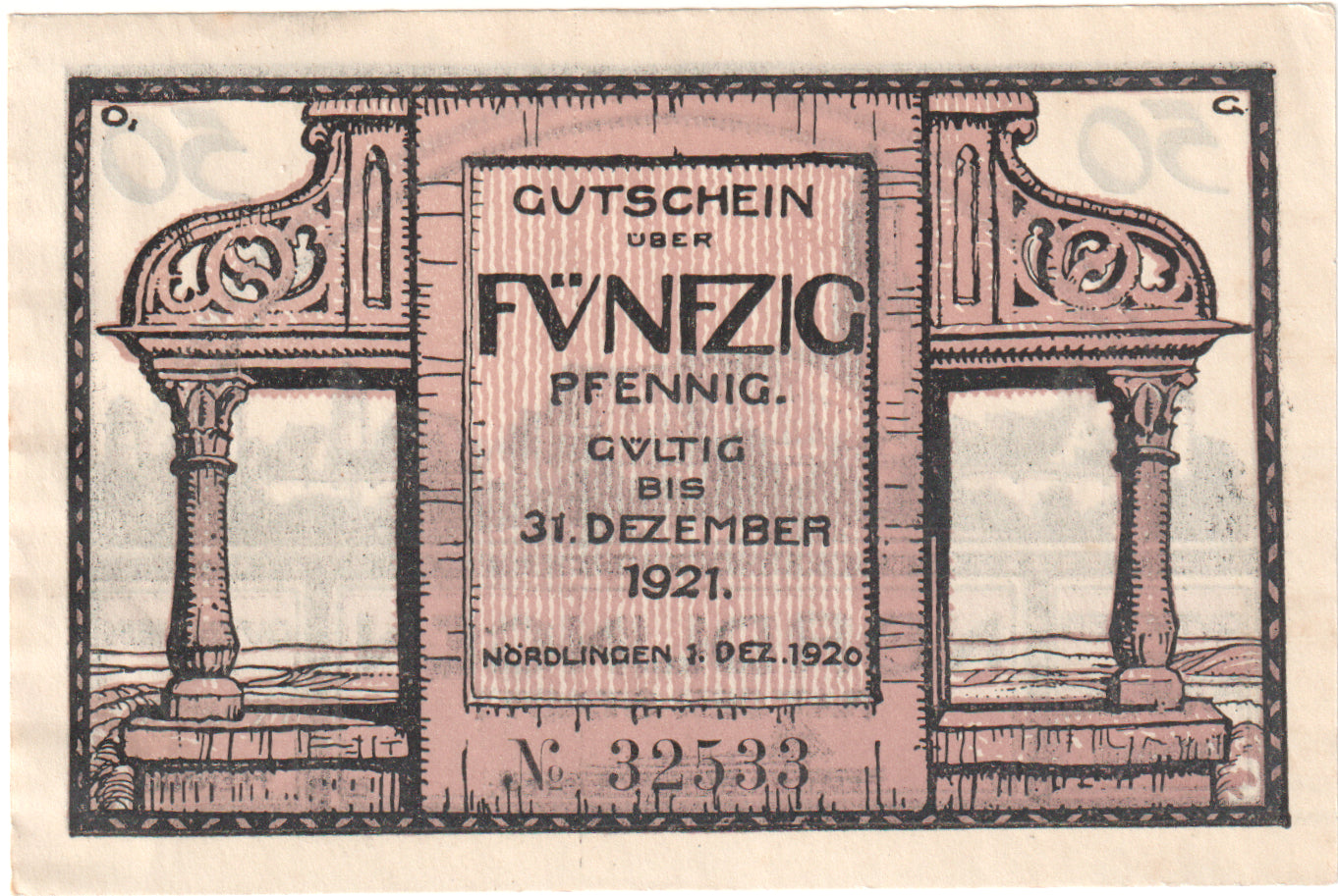 Nota, Alemanha, Nordlingen, 50 Pfennig, village, 1918, 1918-10-02, UNC(65-70)