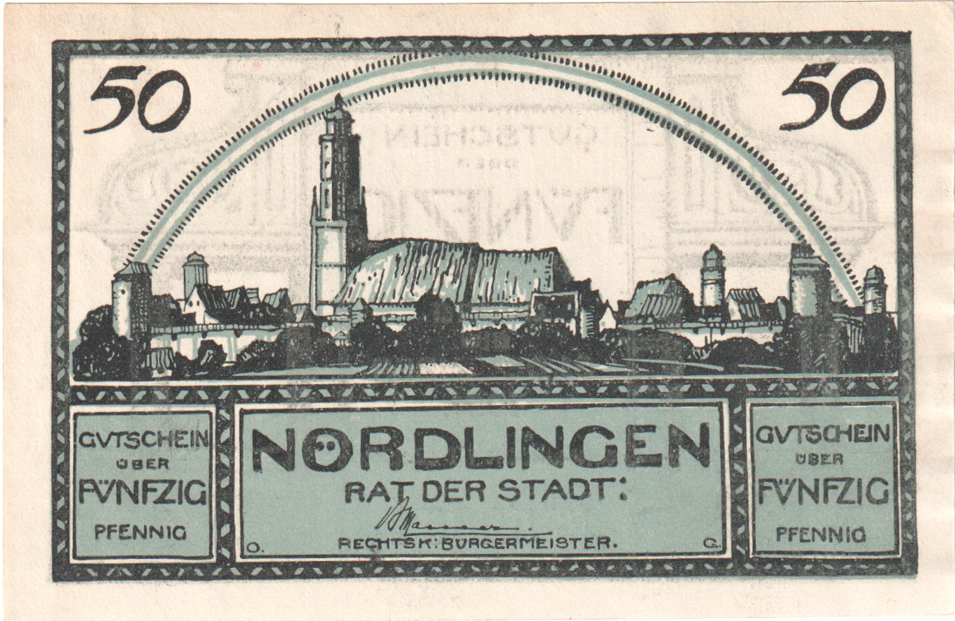 Nota, Alemanha, Nordlingen, 50 Pfennig, village 1, 1918, 1918-10-02, UNC(65-70)