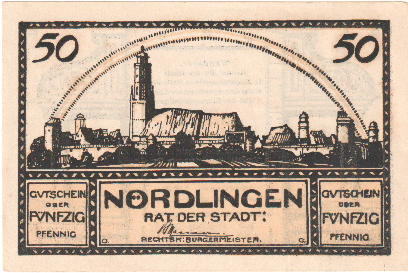 Nota, Alemanha, Nordlingen, 50 Pfennig, village 2, 1918, 1918-10-02, UNC(65-70)
