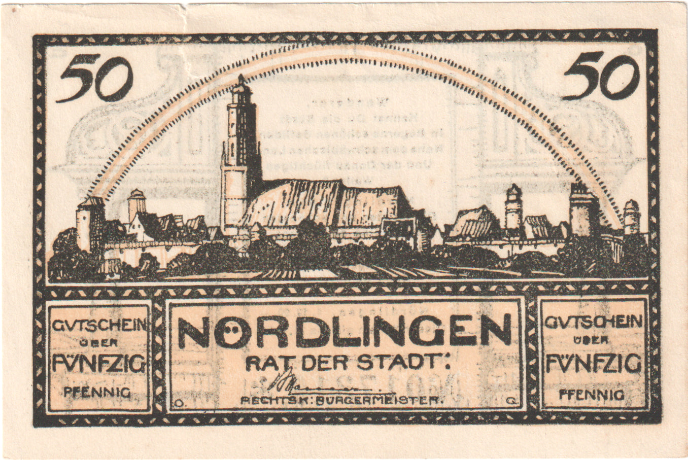 Nota, Alemanha, Nordlingen, 50 Pfennig, Village 4, 1918, 1918-10-02, UNC(65-70)
