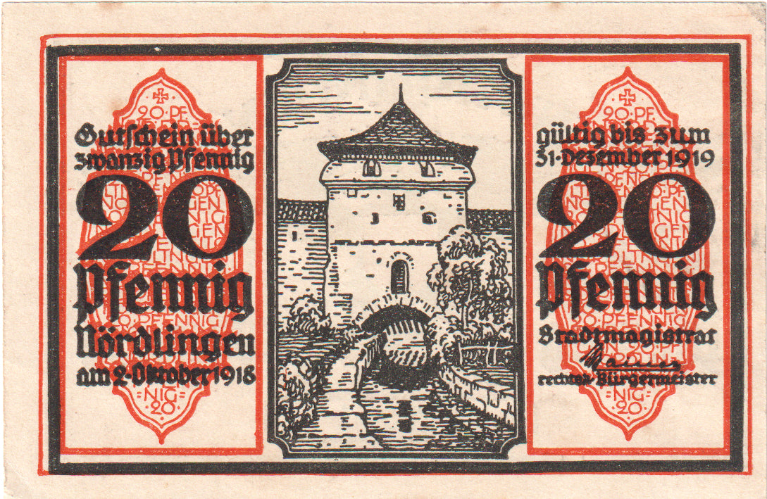 Nota, Alemanha, Nordlingen, 20 Pfennig, tour 1, 1918, 1918-10-02, UNC(63)