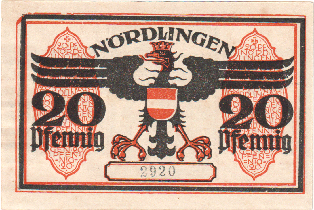 Nota, Alemanha, Nordlingen, 20 Pfennig, tour 2, 1918, 1918-10-02, UNC(63)