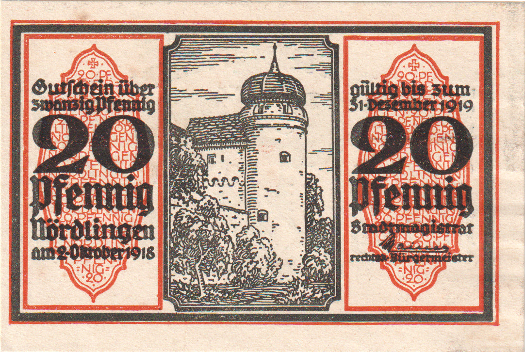 Nota, Alemanha, Nordlingen, 20 Pfennig, tour 2, 1918, 1918-10-02, UNC(63)