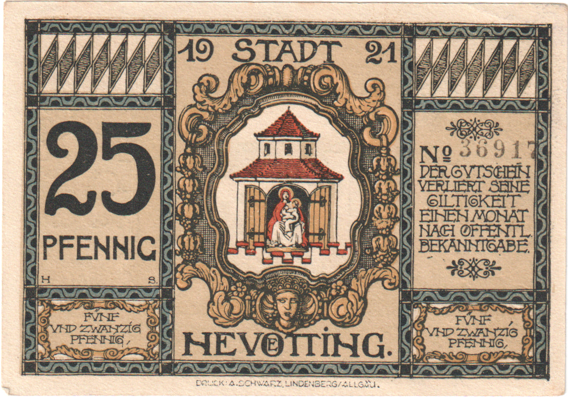 Nota, Alemanha, Neuötting Stadt, 25 Pfennig, place, 1921, UNC(60-62)