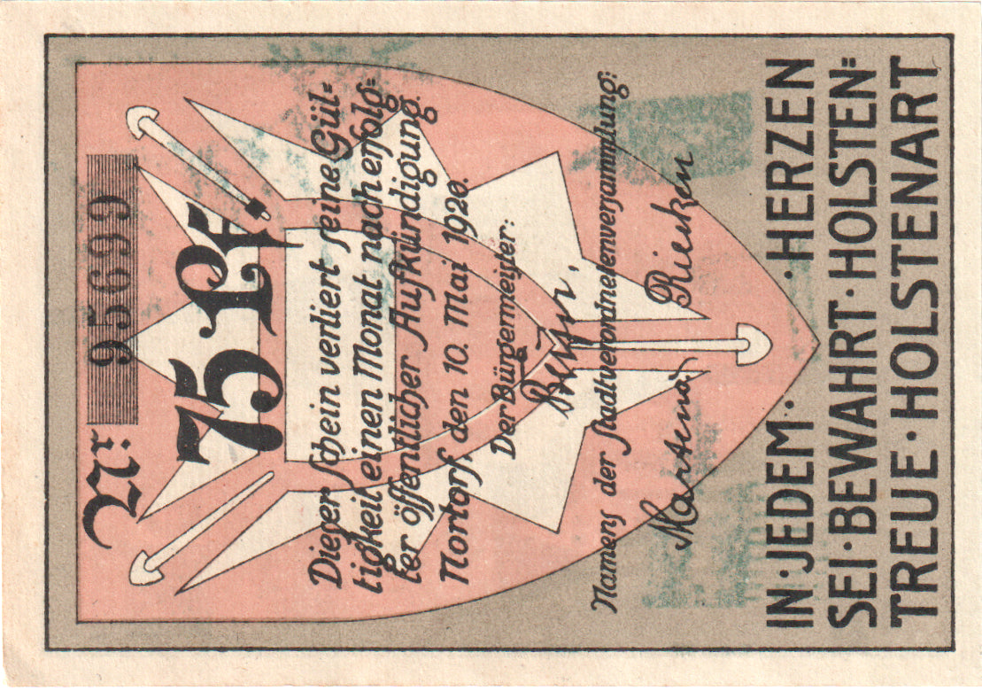 Nota, Alemanha, Nortorf Stadt, 75 Pfennig, Blason, 1920, 1920-05-10, UNC(60-62)
