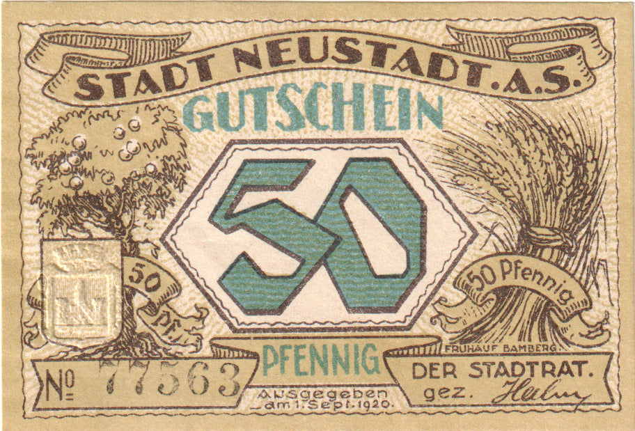 Banknot, Niemcy, Neustadt a. Saale Stadt, 50 Pfennig, paysage, 1920, 1920-09-01
