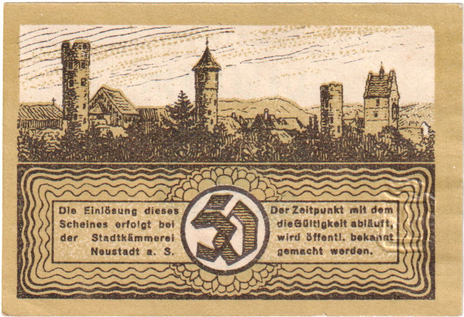 Banknot, Niemcy, Neustadt a. Saale Stadt, 50 Pfennig, paysage, 1920, 1920-09-01