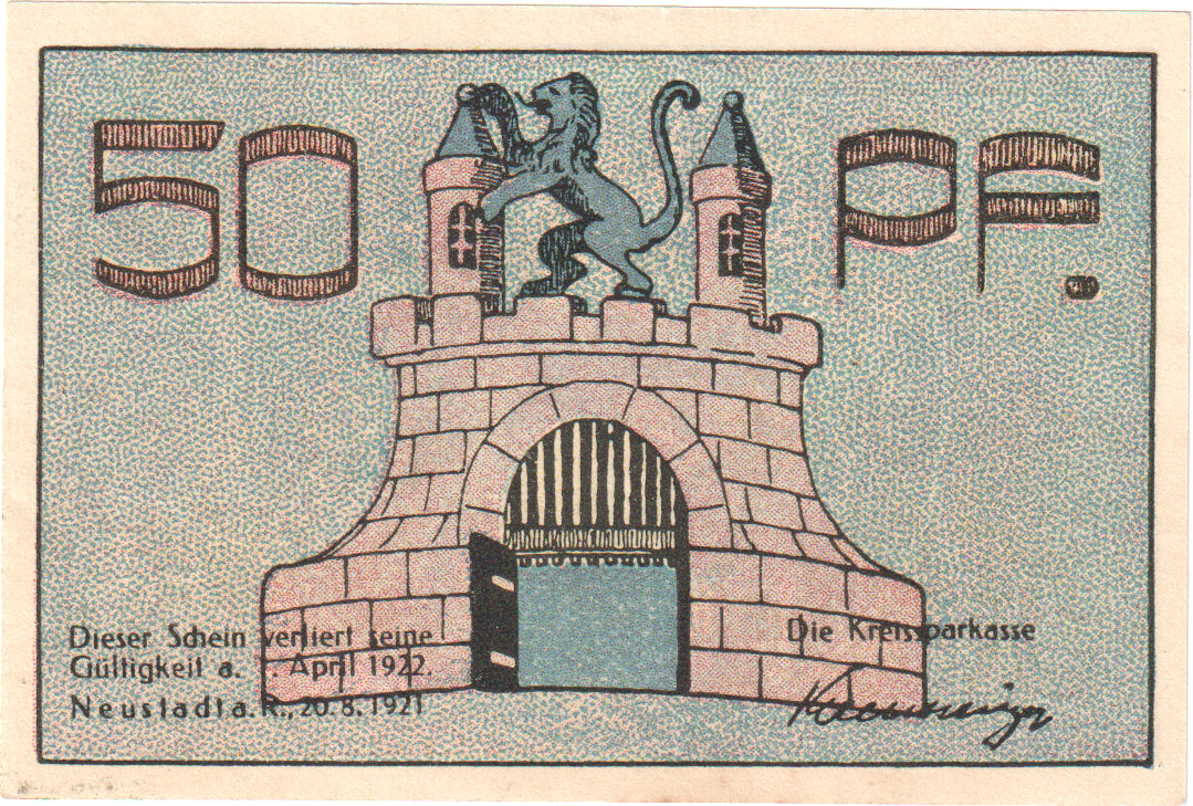 Banknot, Niemcy, Neustadt Am Rübenberge Kreissparkasse, 50 Pfennig, pont, 1922