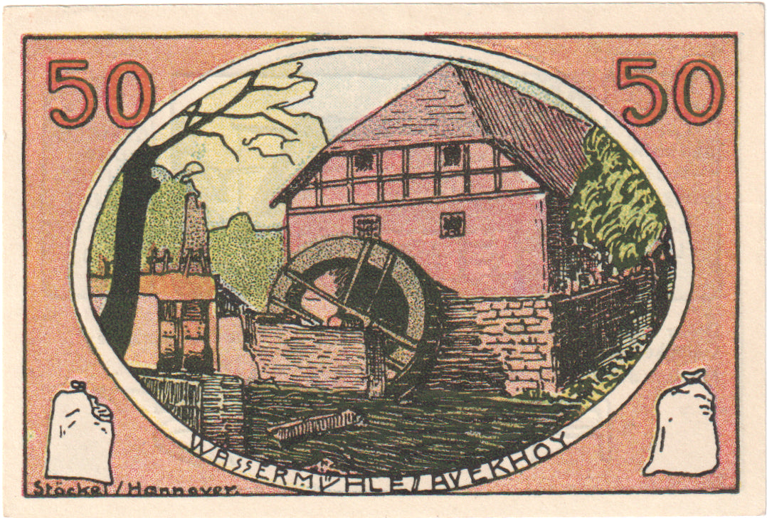 Banknot, Niemcy, Neustadt Am Rübenberge Kreissparkasse, 50 Pfennig, moulin