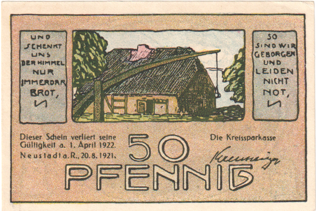 Banknot, Niemcy, Neustadt Am Rübenberge Kreissparkasse, 50 Pfennig, moulin