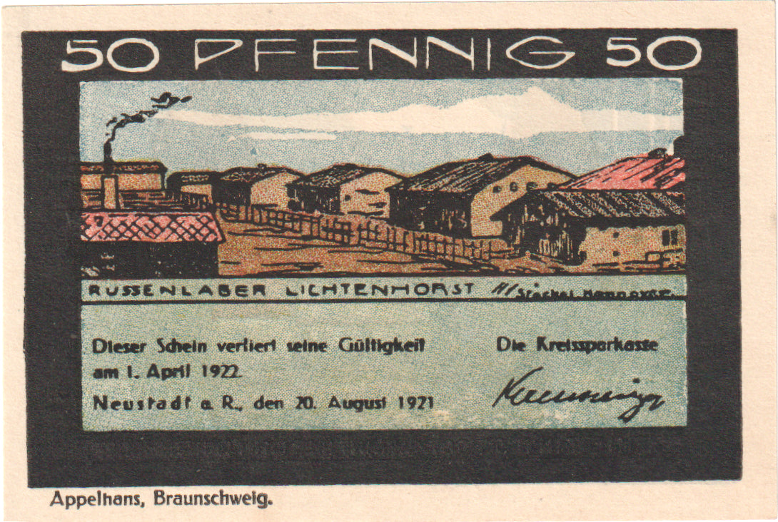 Banconote, Germania, Neustadt Am Rübenberge Kreissparkasse, 50 Pfennig, Maison