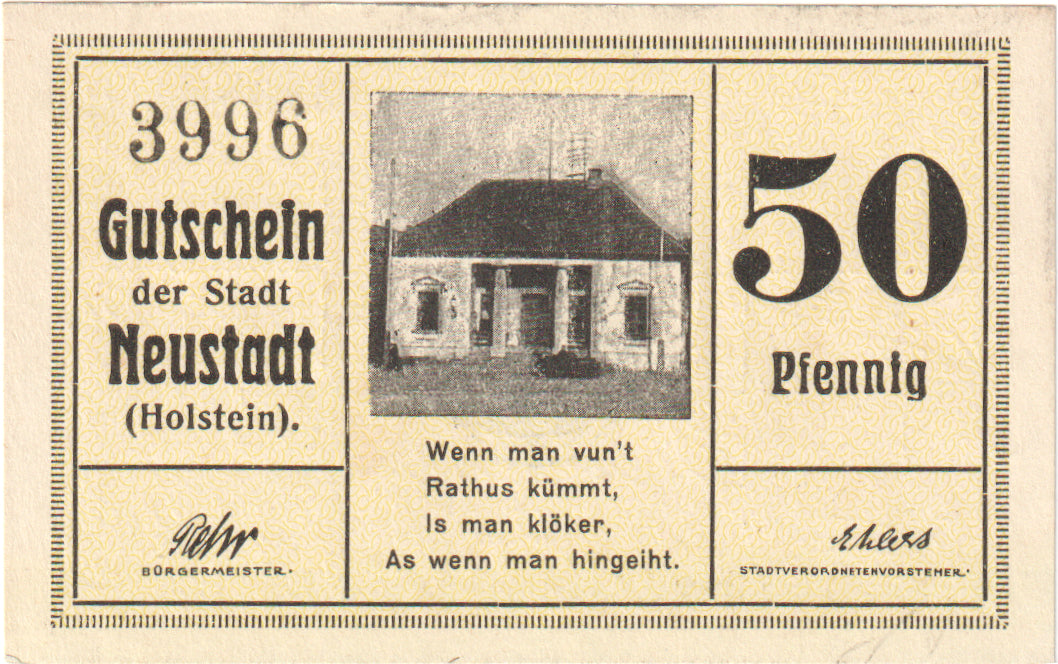 Banknot, Niemcy, Neustadt Holstein Stadt, 50 Pfennig, Maison, 1920, UNC(60-62)
