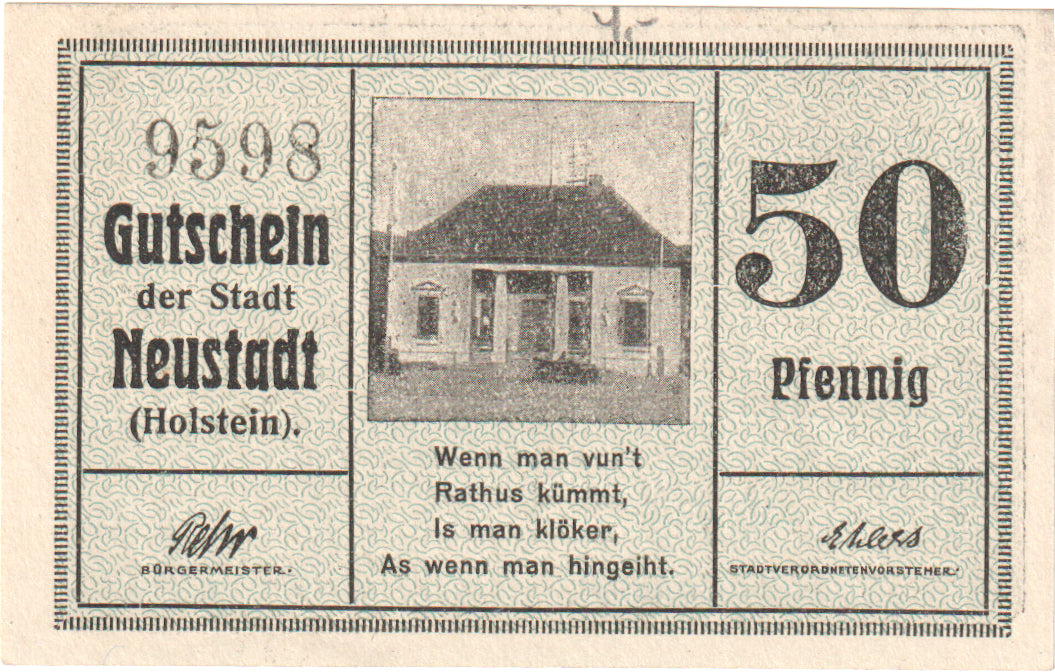 Geldschein, Deutschland, Neustadt Holstein Stadt, 50 Pfennig, maison 1, 1920