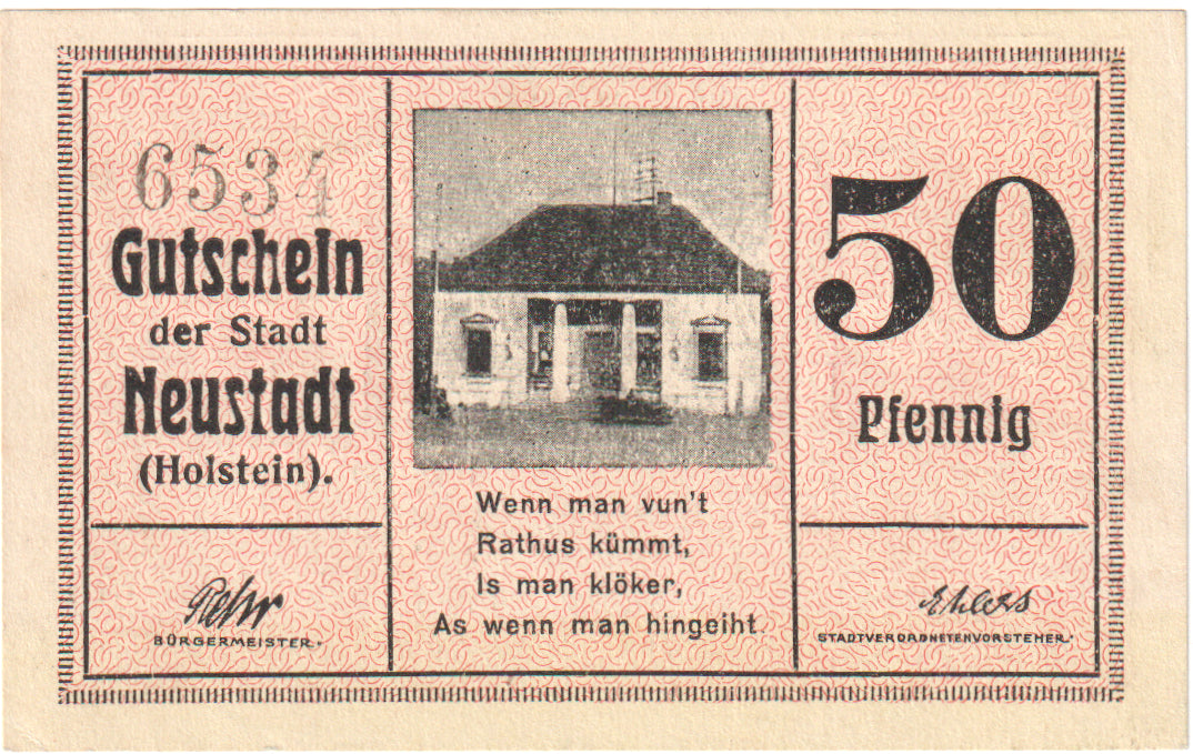 Billete, Alemania, Neustadt Holstein Stadt, 50 Pfennig, maison 1, 1920, EBC+