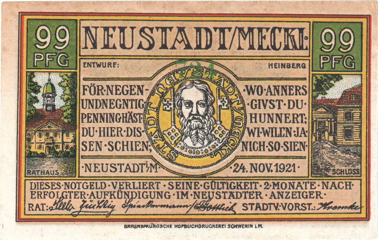 Nota, Alemanha, Neustadt Stadt, 99 Pfennig, Batiment, 1921, 1921-11-24
