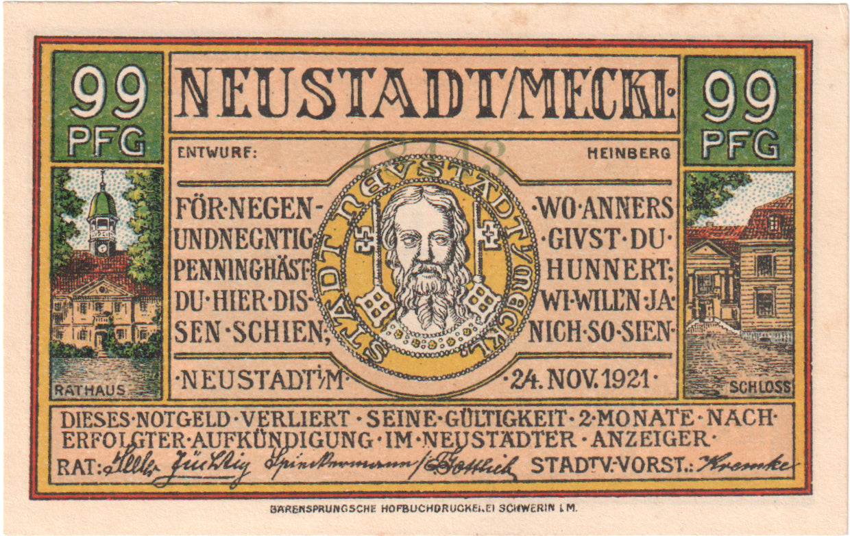 Nota, Alemanha, Neustadt Stadt, 99 Pfennig, château, 1921, 1921-11-24
