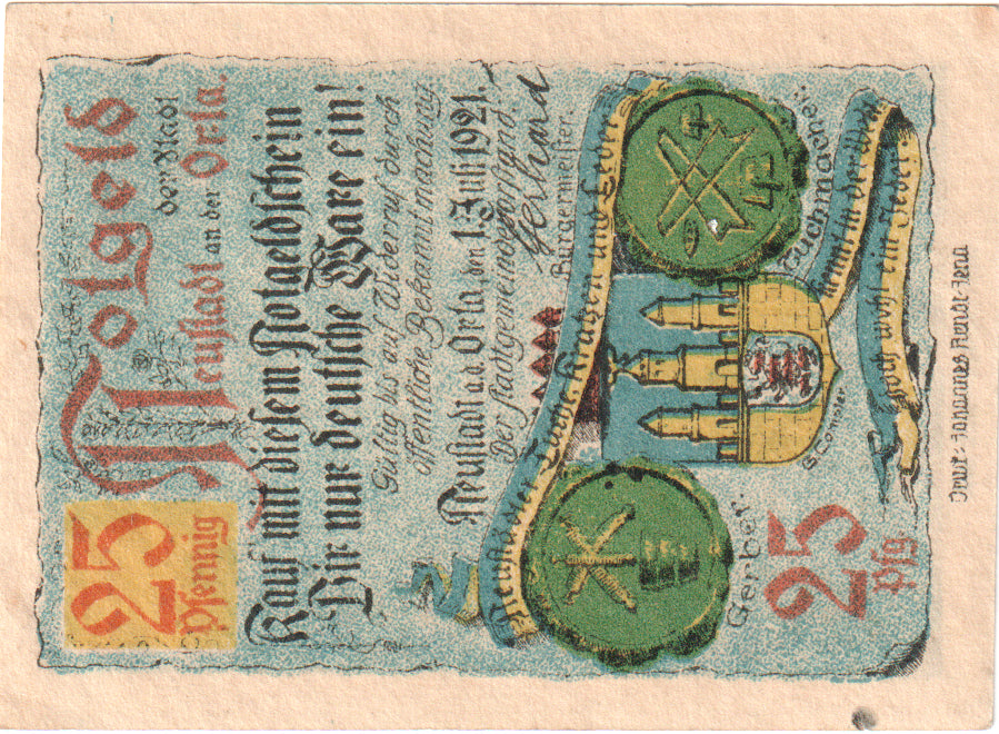 Nota, Alemanha, Neustadt Stadt, 25 Pfennig, château, 1921, 1921-07-01