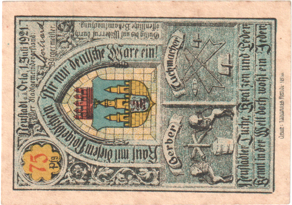 Billete, Alemania, Neustadt Stadt, 75 Pfennig, château, 1921, 1921-07-01, EBC+