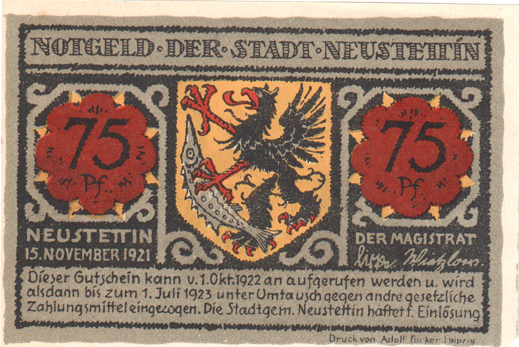 Banknot, Niemcy, Neustettin, 75 Pfennig, château, 1921, 1921-11-15, UNC(60-62)