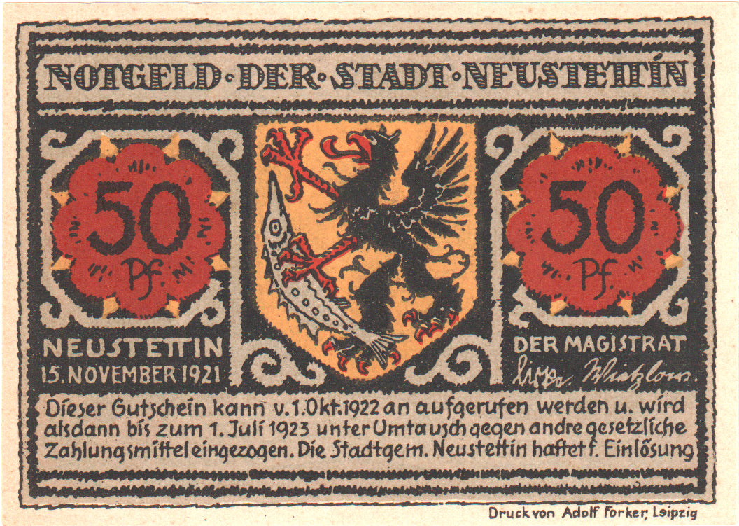 Nota, Alemanha, Neustettin, 50 Pfennig, personnage, 1921, 1921-11-15