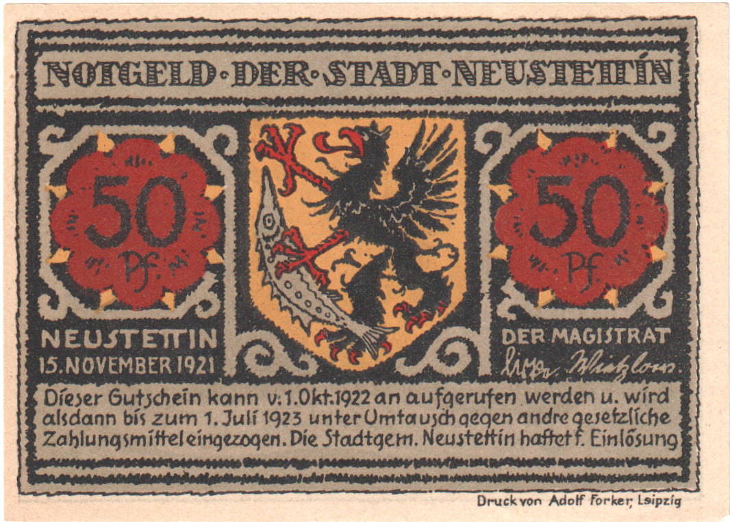 Biljet, Duitsland, Neustettin, 50 Pfennig, personnage, 1921, 1921-11-15, SUP+
