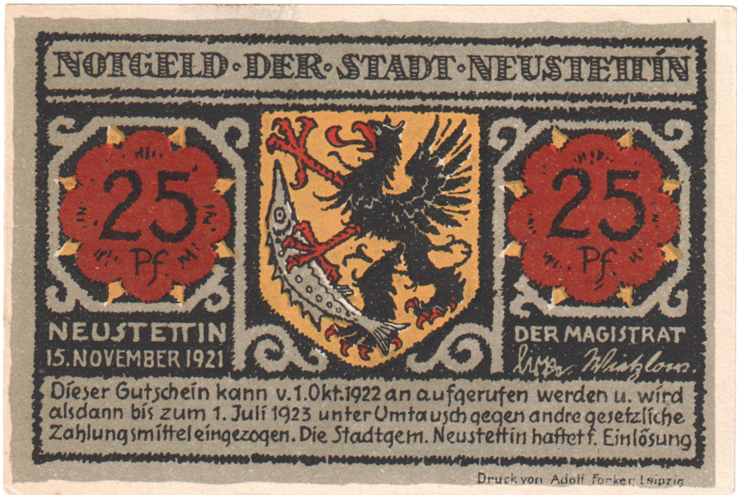 Banknot, Niemcy, Neustettin, 25 Pfennig, paysage, 1921, 1921-11-15, UNC(60-62)