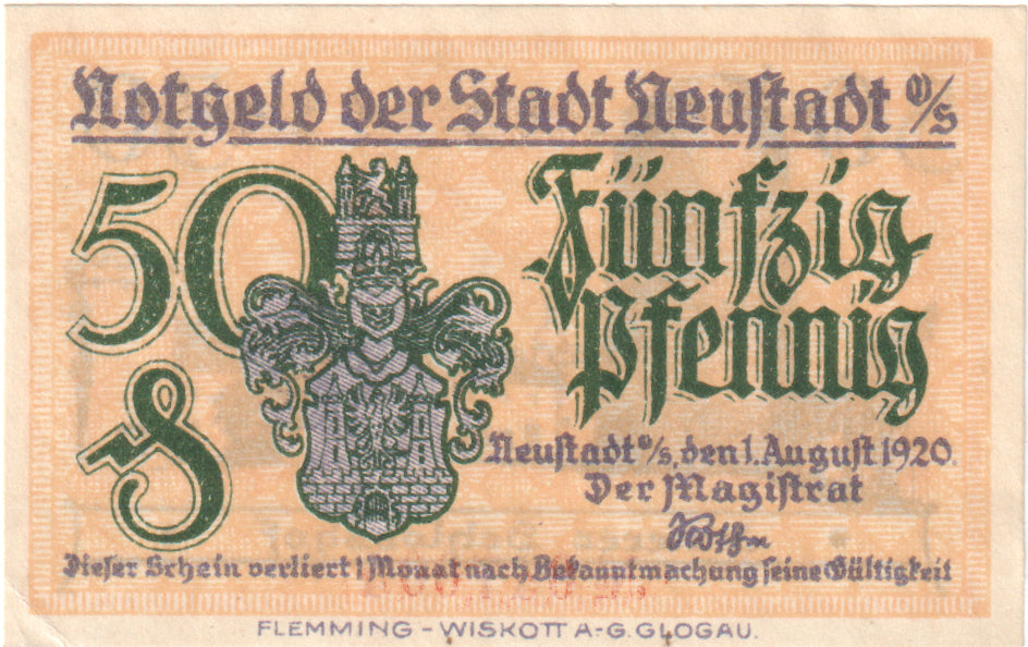 Banknot, Niemcy, Neustadt Stadt, 50 Pfennig, château, 1921, 1921-07-01