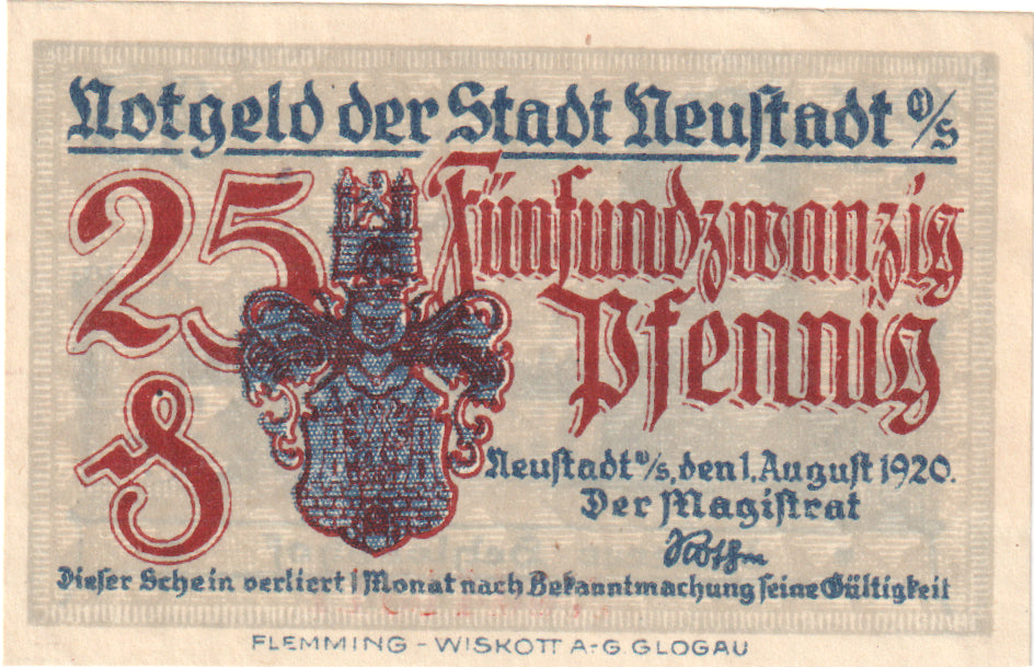 Nota, Alemanha, Neustadt Stadt, 25 Pfennig, tour, 1920, 1920-08-01, UNC(60-62)
