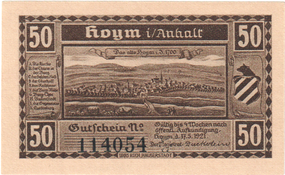 Geldschein, Deutschland, Hoym, 50 Pfennig, paysage, 1921, 1921-05-17, UNZ