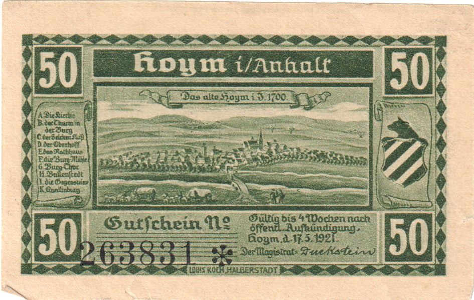 Geldschein, Deutschland, Hoym, 50 Pfennig, Maison, 1921, 1921-05-17, UNZ