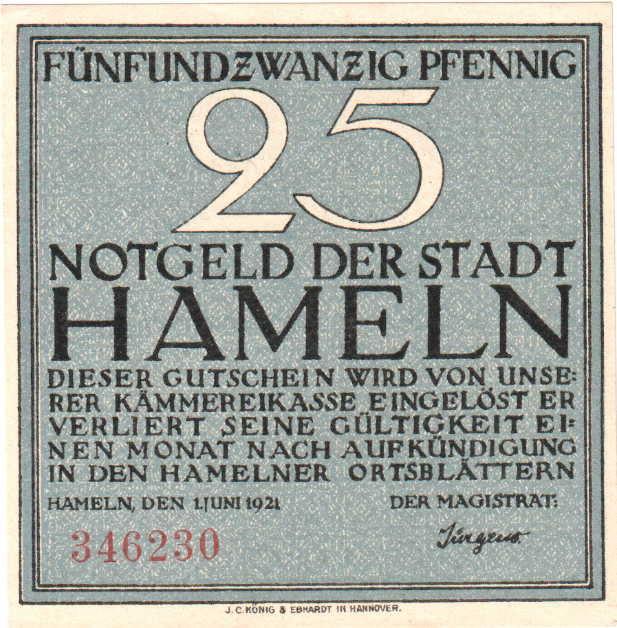 Banknot, Niemcy, Hameln, 25 Pfennig, personnage 1, 1921, 1921-06-01, UNC(63)