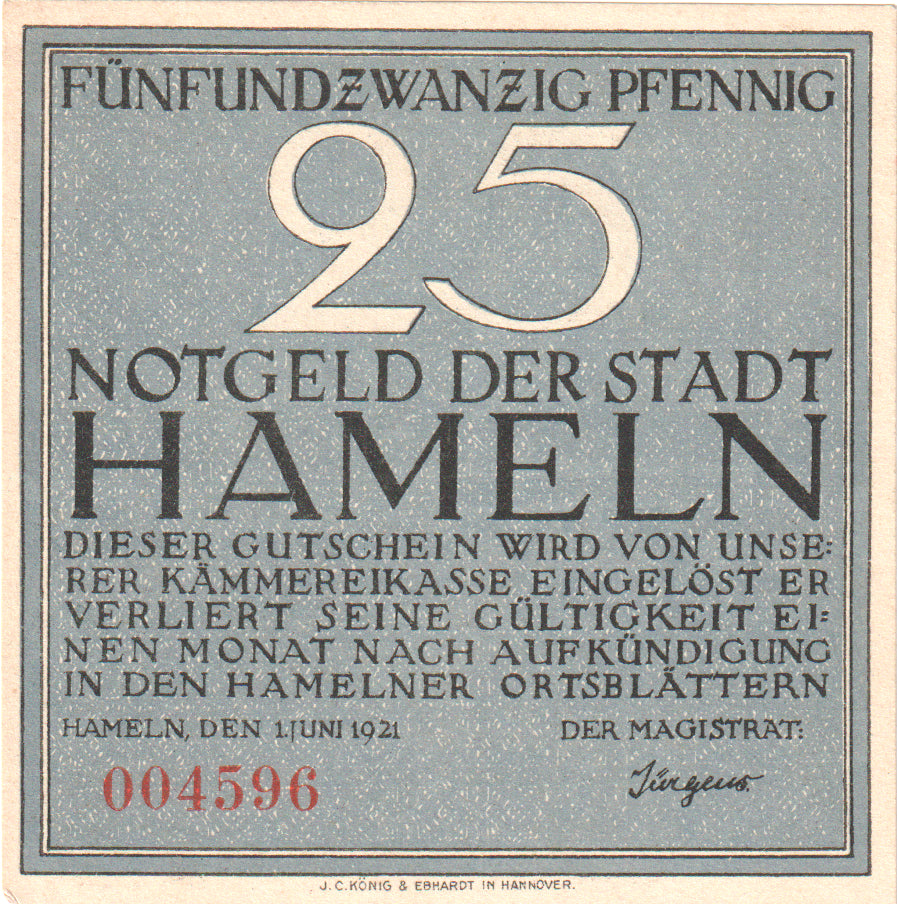 Geldschein, Deutschland, Hameln, 25 Pfennig, personnage 2, 1921, 1921-06-01