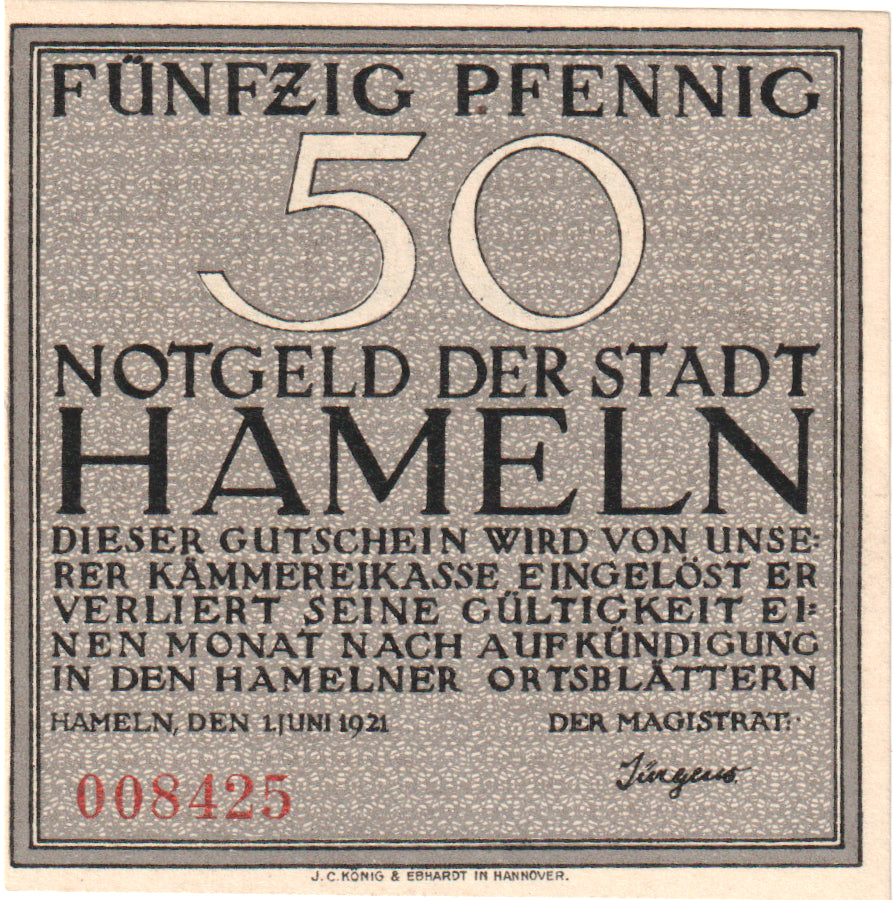 Banknot, Niemcy, Hameln, 50 Pfennig, personnage 1, 1921, 1921-06-01, UNC(65-70)