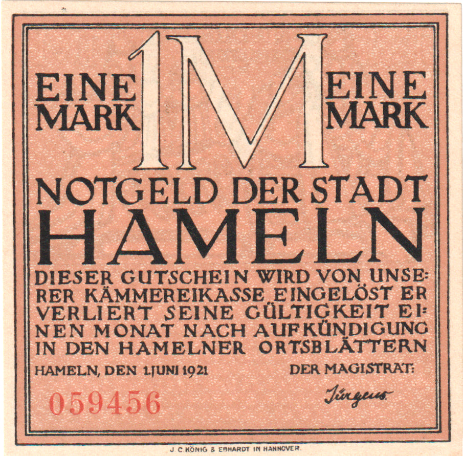 Banconote, Germania, Hameln, 1 Mark, personnage 1, 1921, 1921-06-01, FDS