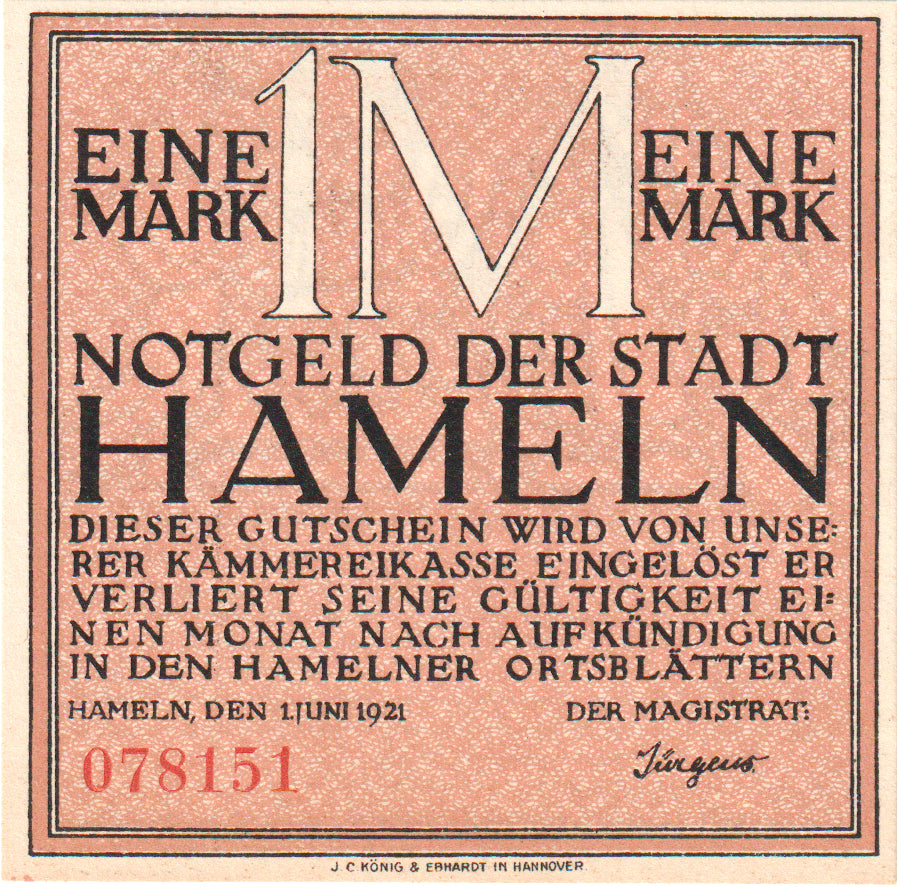 Geldschein, Deutschland, Hameln, 1 Mark, personnage 2, 1921, 1921-06-01, UNZ