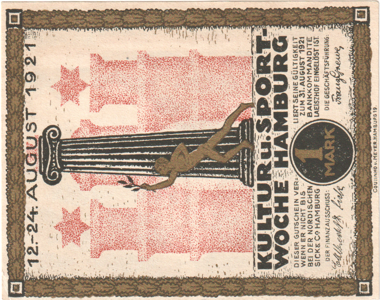 Billete, Alemania, Hamburg, 1 Mark, statue, 1921, 1921-08-31, SC, Mehl:539.1c