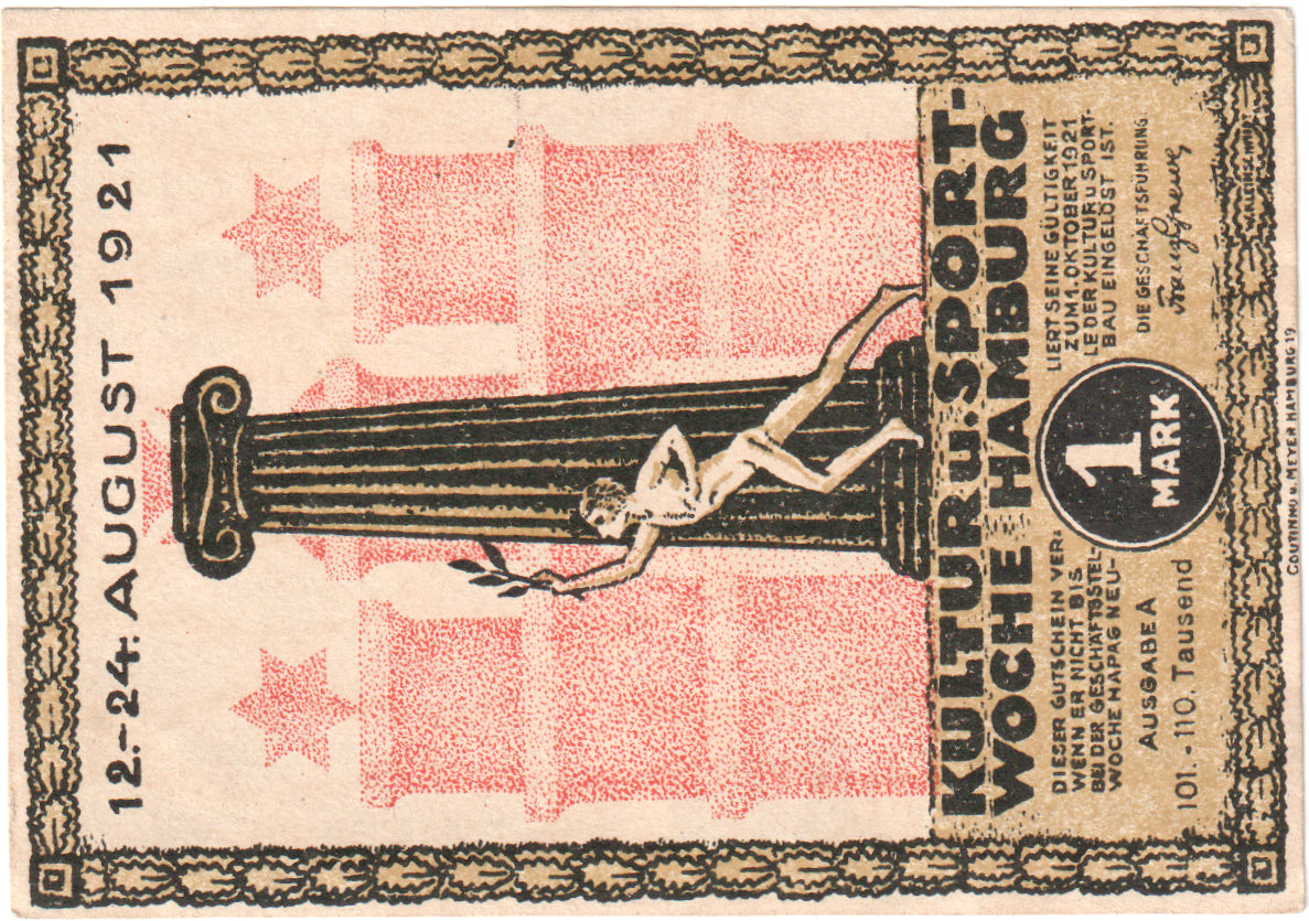 Geldschein, Deutschland, Hamburg, 1 Mark, Statue 1, 1921, 1921-08-31, UNZ-