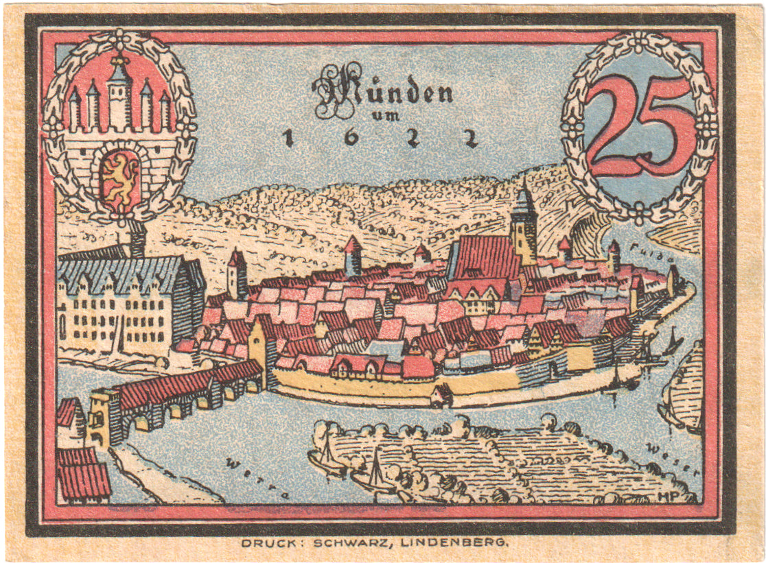 Billete, Alemania, Hann. Münden Stadt, 25 Pfennig, paysage 1, 1922, EBC+