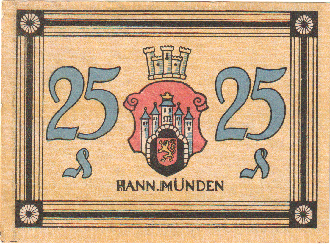 Billete, Alemania, Hann. Münden Stadt, 25 Pfennig, paysage 1, 1922, EBC+
