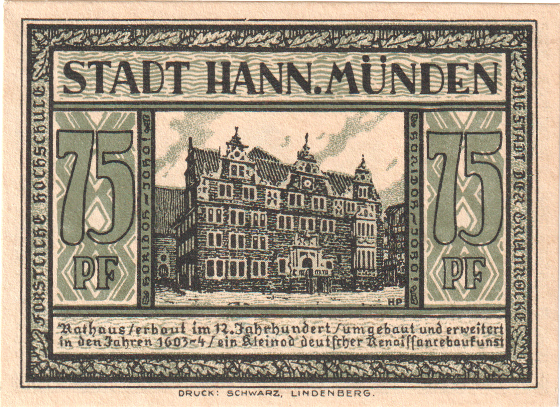 Billete, Alemania, Hann. Münden Stadt, 75 Pfennig, personnage, 1922, EBC+